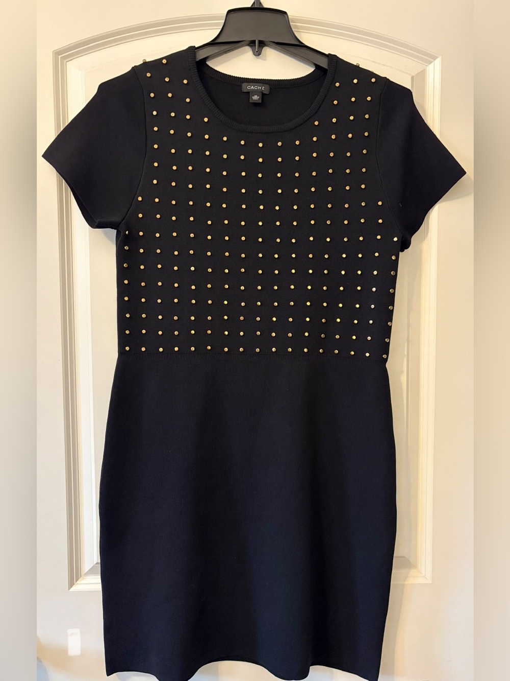 Cache Black Short-Sleeve Studded Sheath Dress with Gold Studs